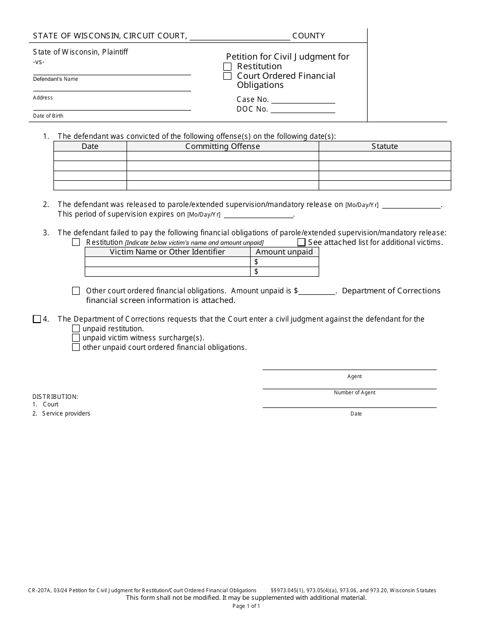 Form CR-207A Petition for Civil Judgment for Restitution / Court Ordered Financial Obligations - Wisconsin, Page 1