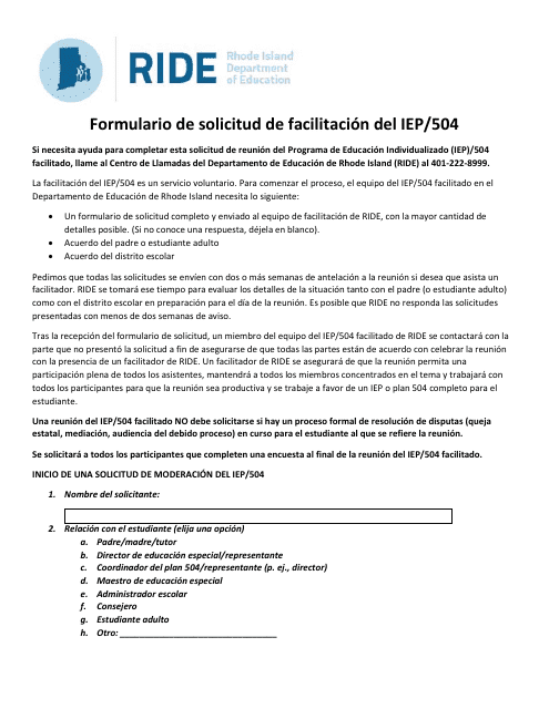 Formulario De Solicitud De Facilitacion Del Iep/504 - Rhode Island (Spanish)