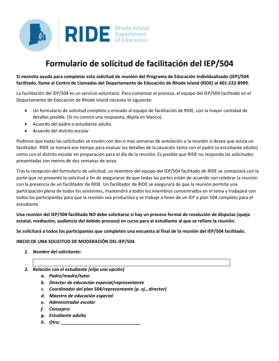 Formulario De Solicitud De Facilitacion Del Iep / 504 - Rhode Island (Spanish), Page 1