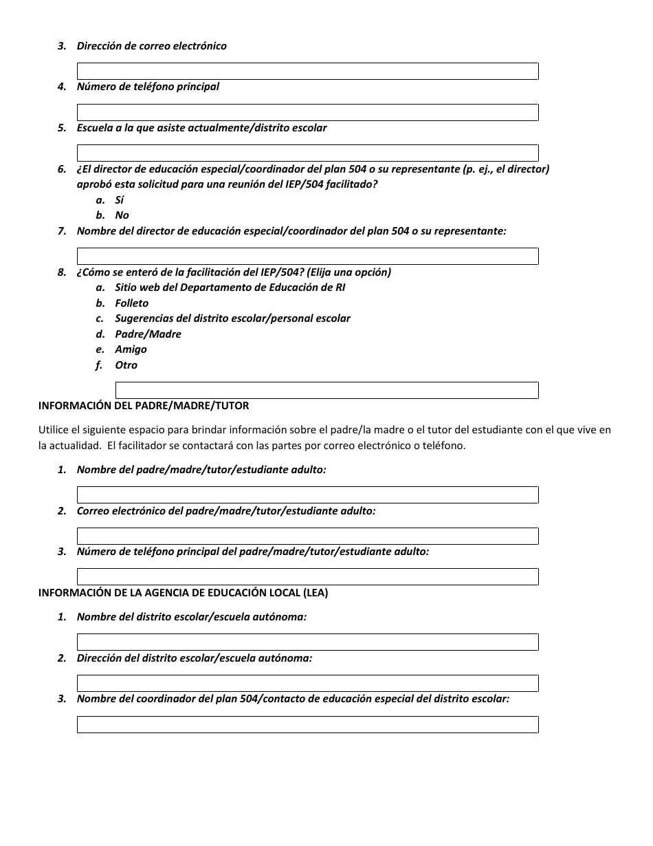 Formulario De Solicitud De Facilitacion Del Iep / 504 - Rhode Island (Spanish), Page 2