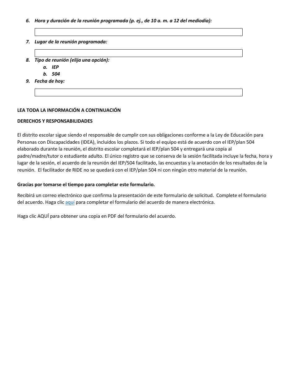 Formulario De Solicitud De Facilitacion Del Iep / 504 - Rhode Island (Spanish), Page 4