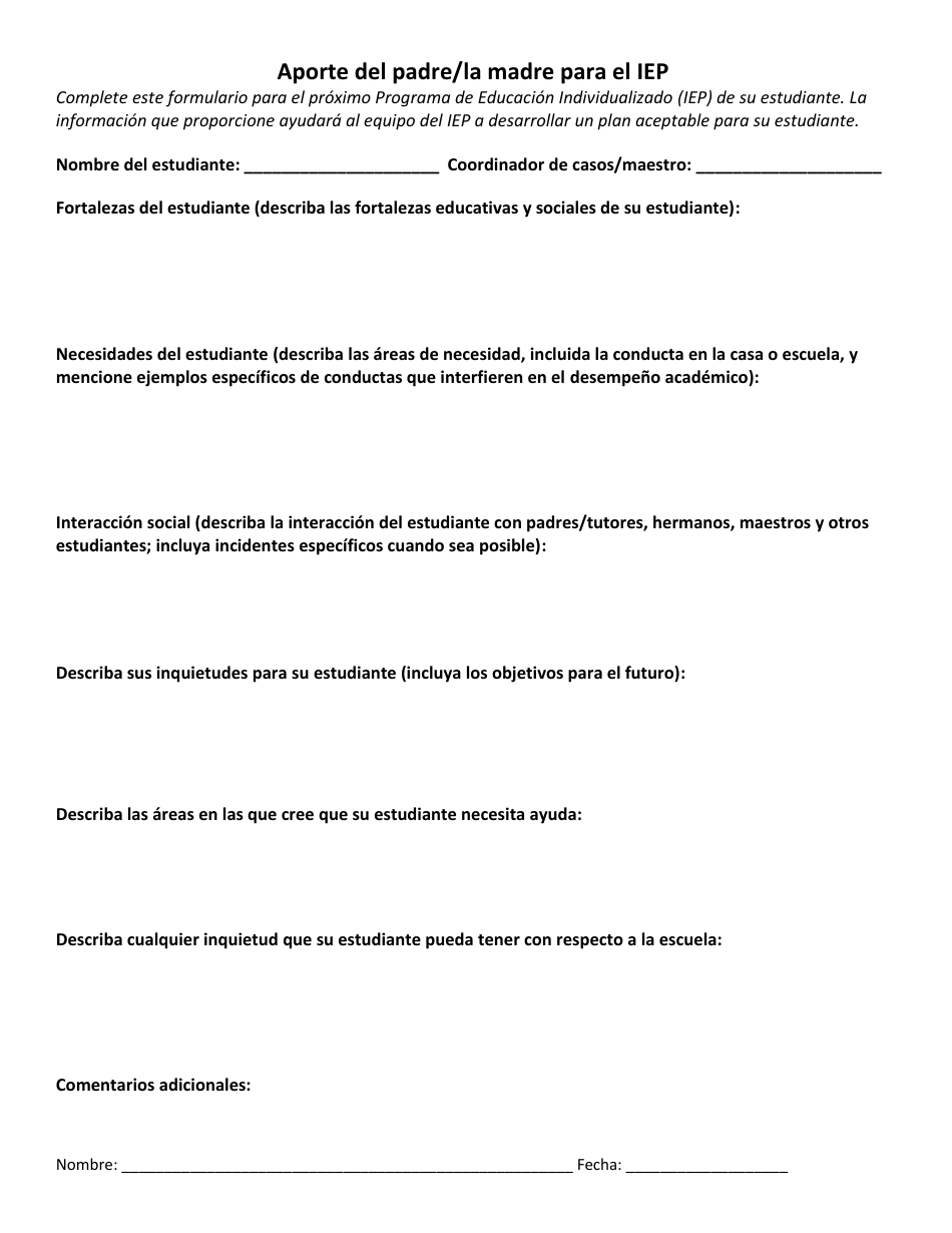 Aporte Del Padre / La Madre Para El Iep - Rhode Island (Spanish), Page 1