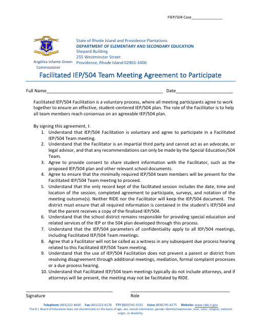 Facilitated Iep / 504 Team Meeting Agreement to Participate - Rhode Island Download Pdf