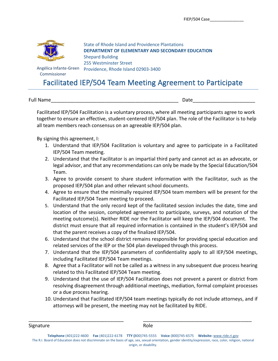 Facilitated Iep / 504 Team Meeting Agreement to Participate - Rhode Island, Page 1
