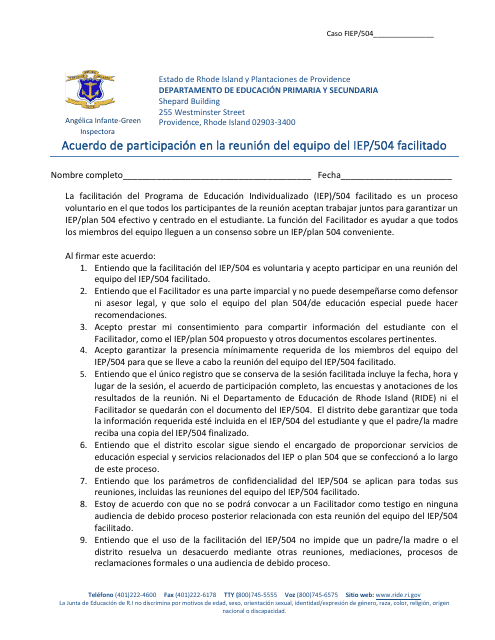 Acuerdo De Participacion En La Reunion Del Equipo Del Iep / 504 Facilitado - Rhode Island (Spanish) Download Pdf