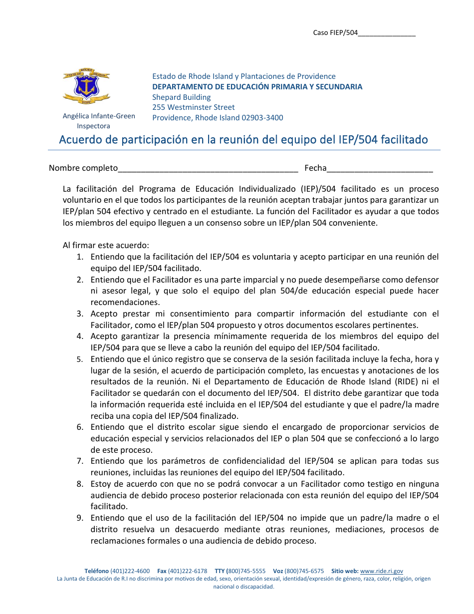 Acuerdo De Participacion En La Reunion Del Equipo Del Iep / 504 Facilitado - Rhode Island (Spanish), Page 1