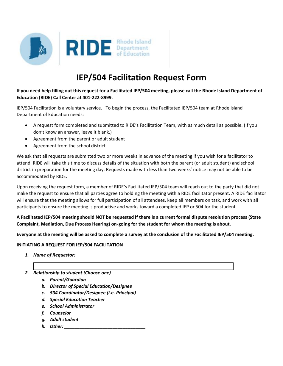 Iep / 504 Facilitation Request Form - Rhode Island, Page 1