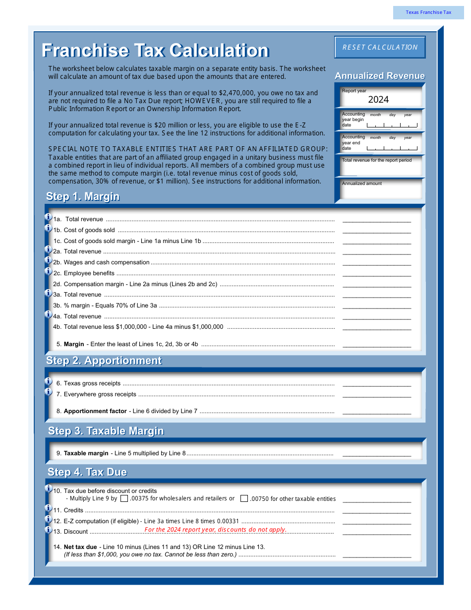 2024 Texas Franchise Tax Calculation Download Fillable PDF Templateroller