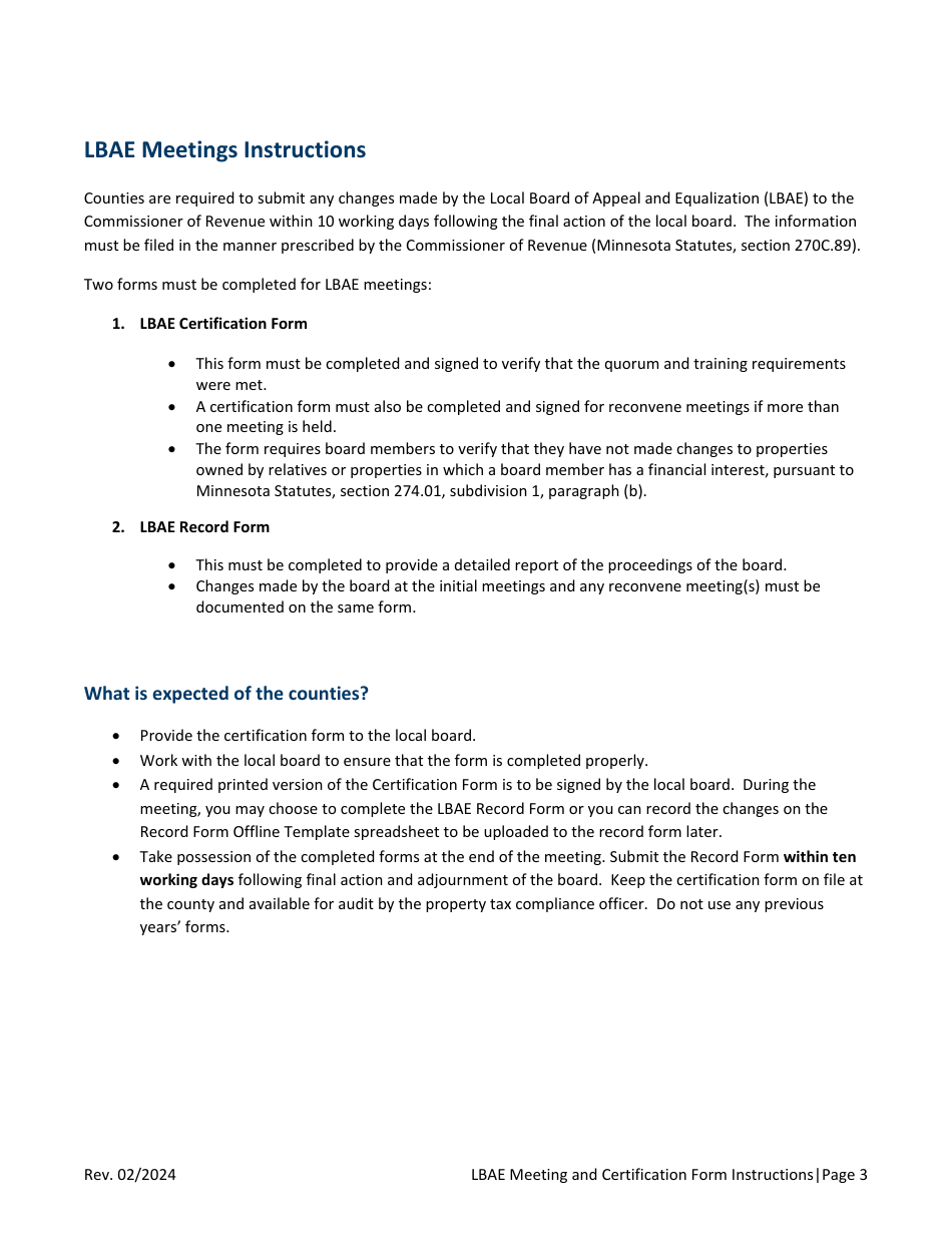 Instructions for Local Board of Appeal and Equalization Meeting and Certification Form - Minnesota, Page 3