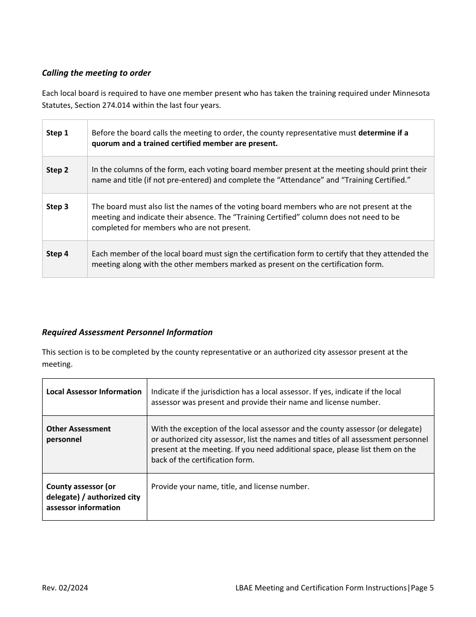 Instructions for Local Board of Appeal and Equalization Meeting and Certification Form - Minnesota, Page 5