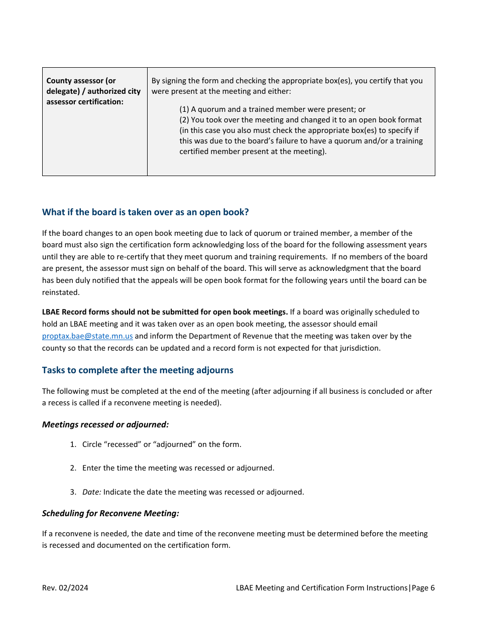 Instructions for Local Board of Appeal and Equalization Meeting and Certification Form - Minnesota, Page 6