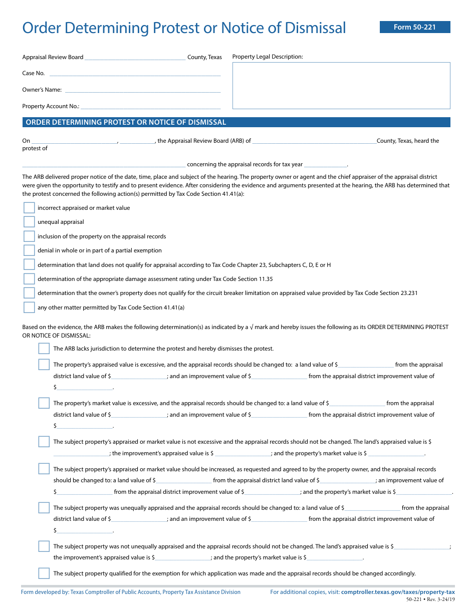 Form 50-221 Order Determining Protest or Notice of Dismissal - Texas, Page 1