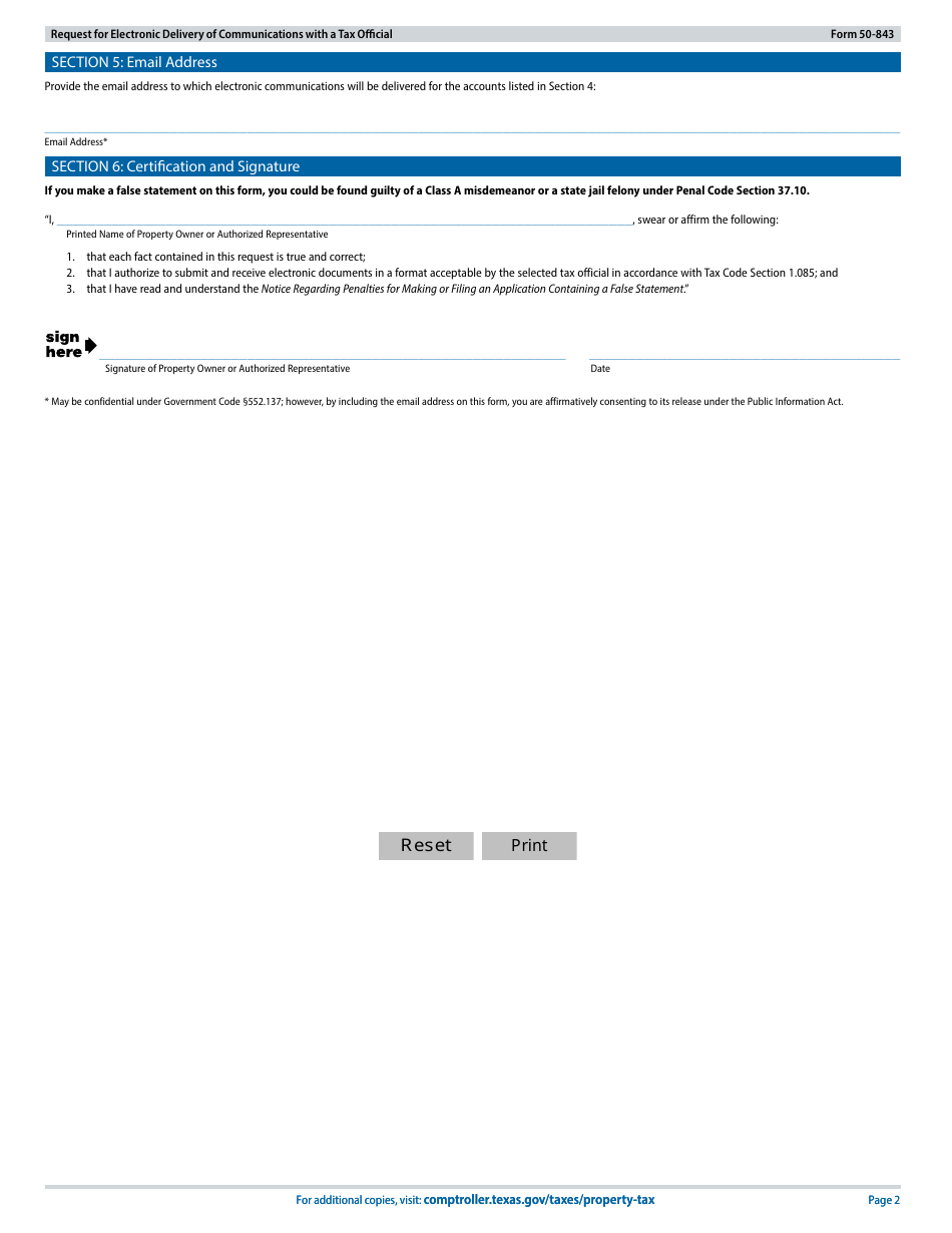Form 50-843 Request for Electronic Delivery of Communications With a Tax Official - Texas, Page 2