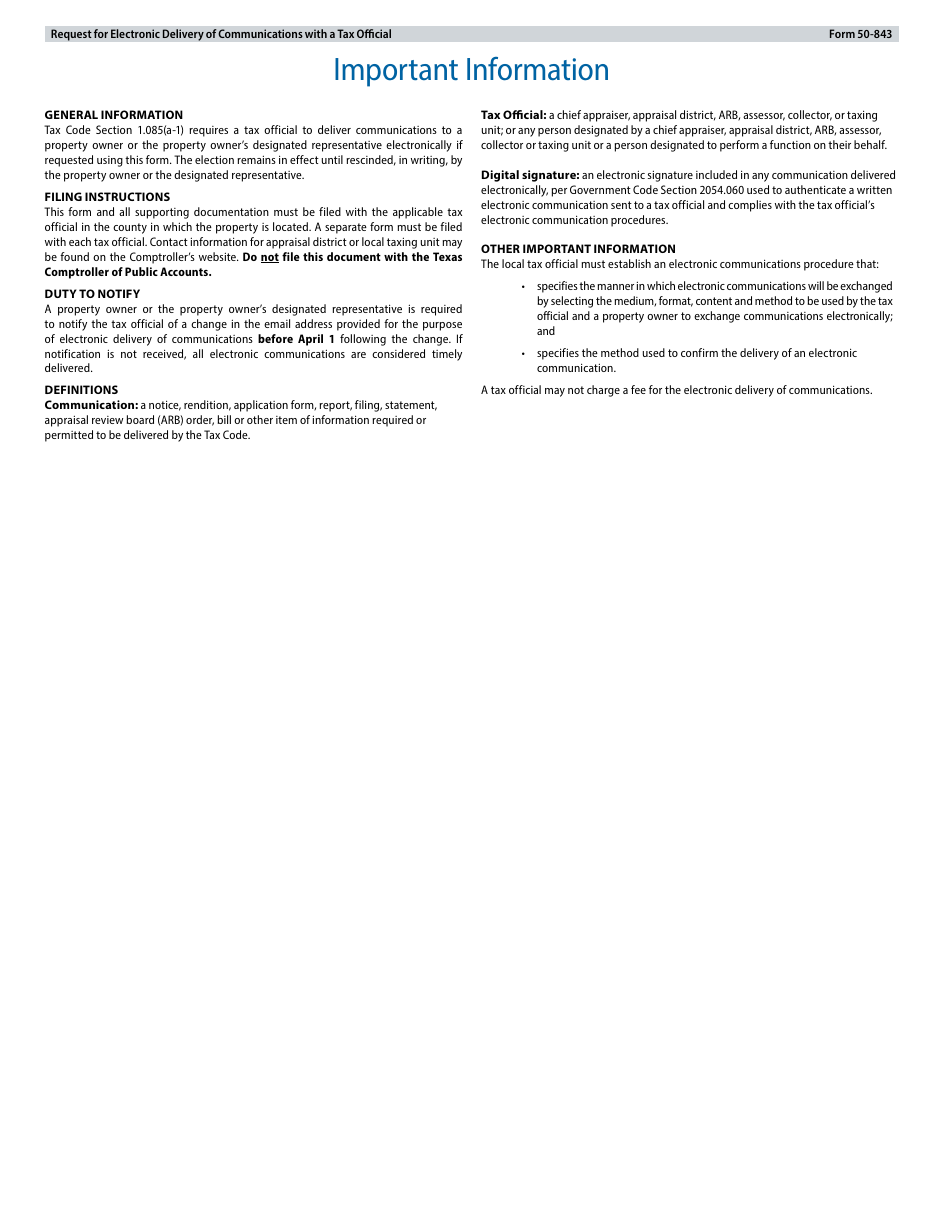 Form 50-843 Request for Electronic Delivery of Communications With a Tax Official - Texas, Page 3