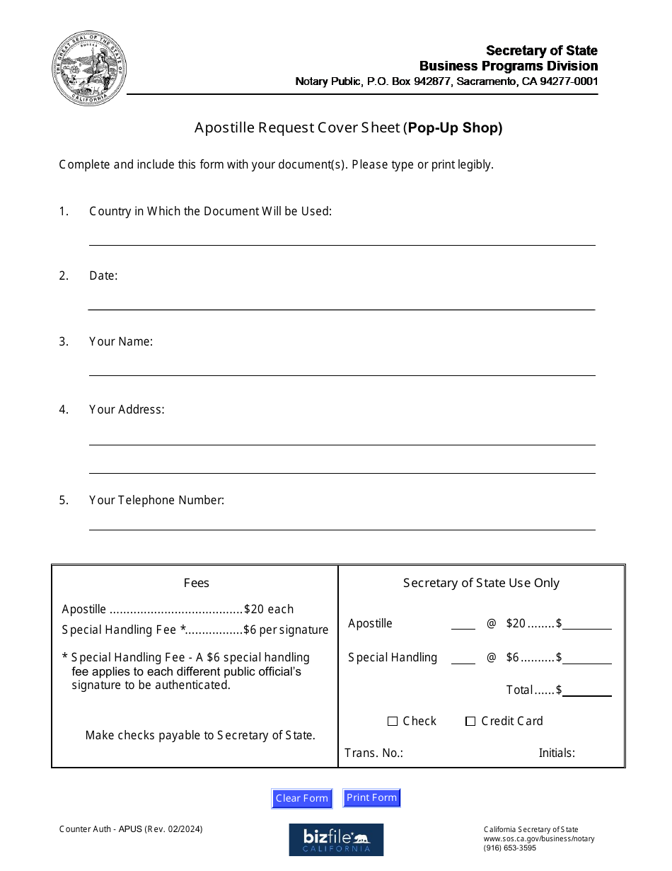 California Apostille Pop-Up Shop Request Cover Sheet - Fill Out, Sign ...