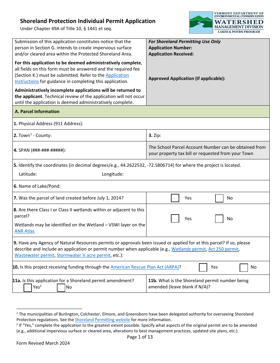 Shoreland Protection Individual Permit Application - Vermont, Page 1