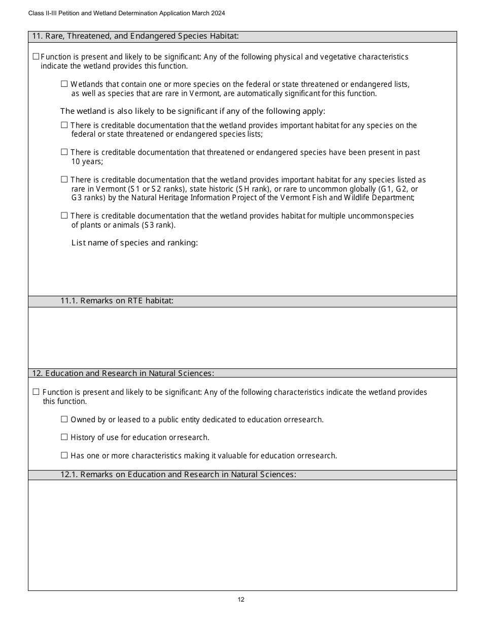 Class II / Iii Determination Petition Form - Vermont Wetlands Program - Vermont, Page 12