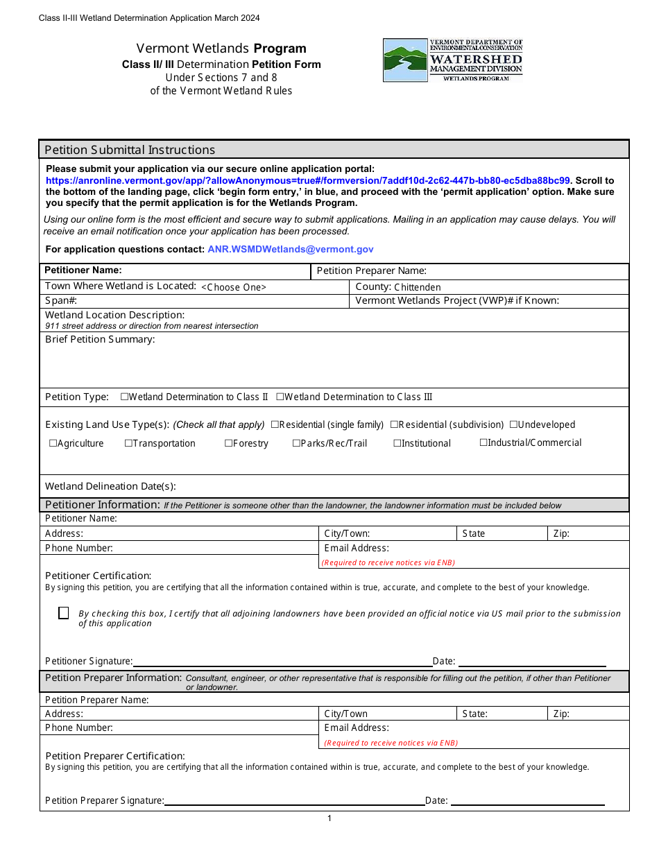 Class II / Iii Determination Petition Form - Vermont Wetlands Program - Vermont, Page 1