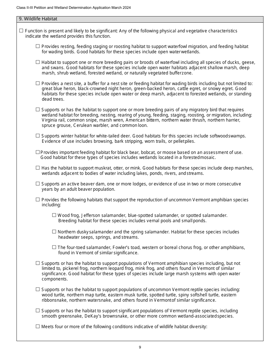 Class II / Iii Determination Petition Form - Vermont Wetlands Program - Vermont, Page 9