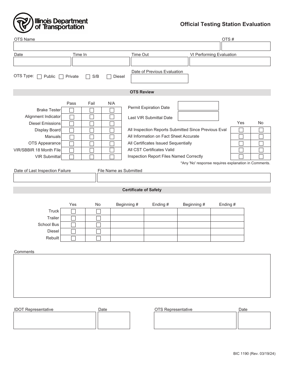 Form BIC1190 Official Testing Station Evaluation - Illinois, Page 1