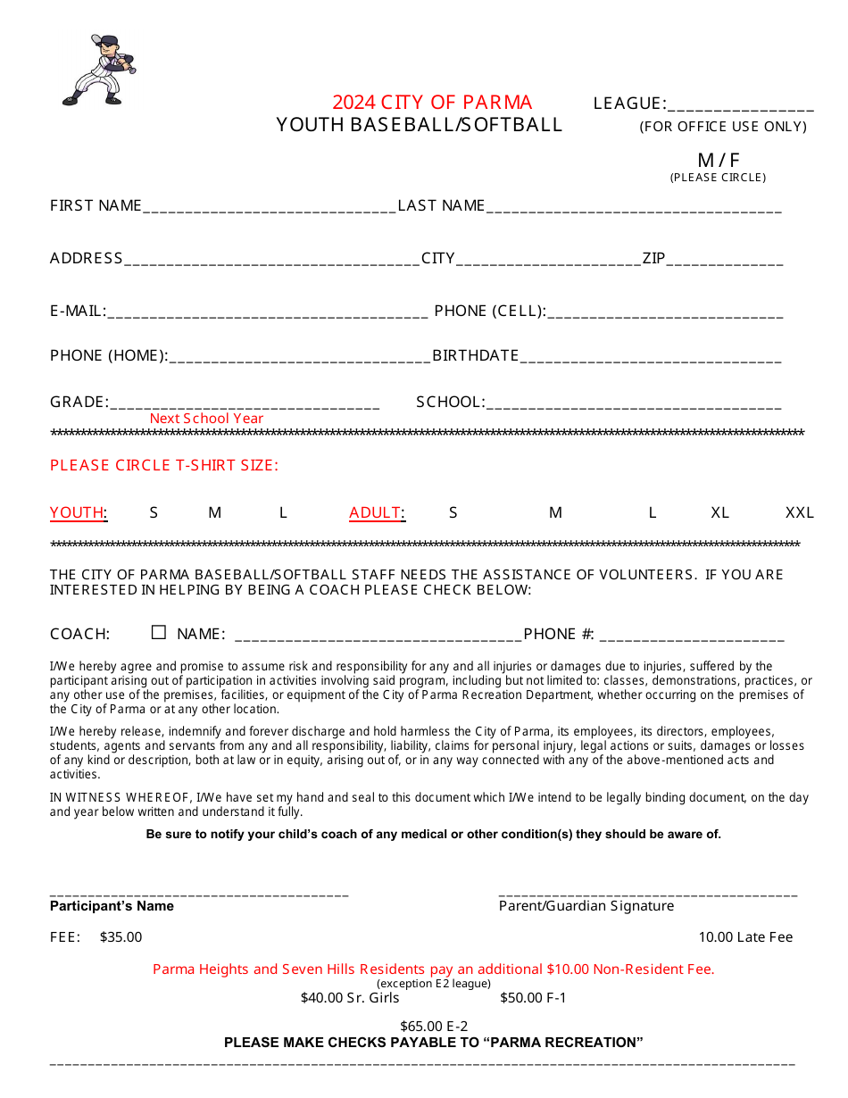 Youth Baseball / Softball Registration Form - City of Parma, Ohio, Page 1