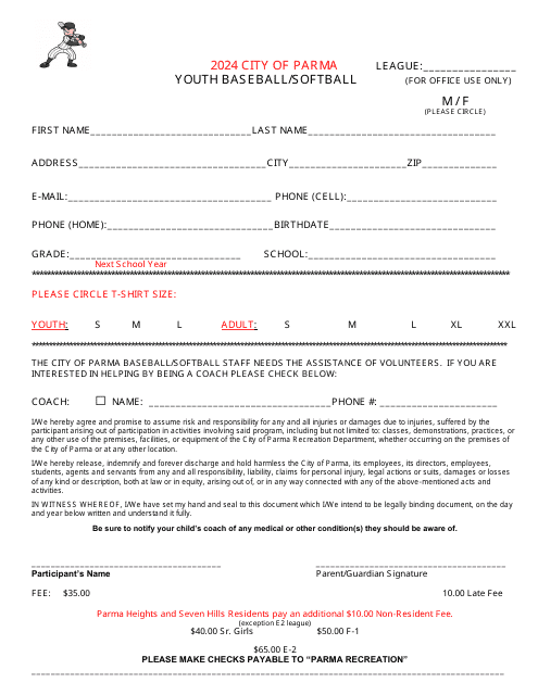 Youth Baseball/Softball Registration Form - City of Parma, Ohio, 2024