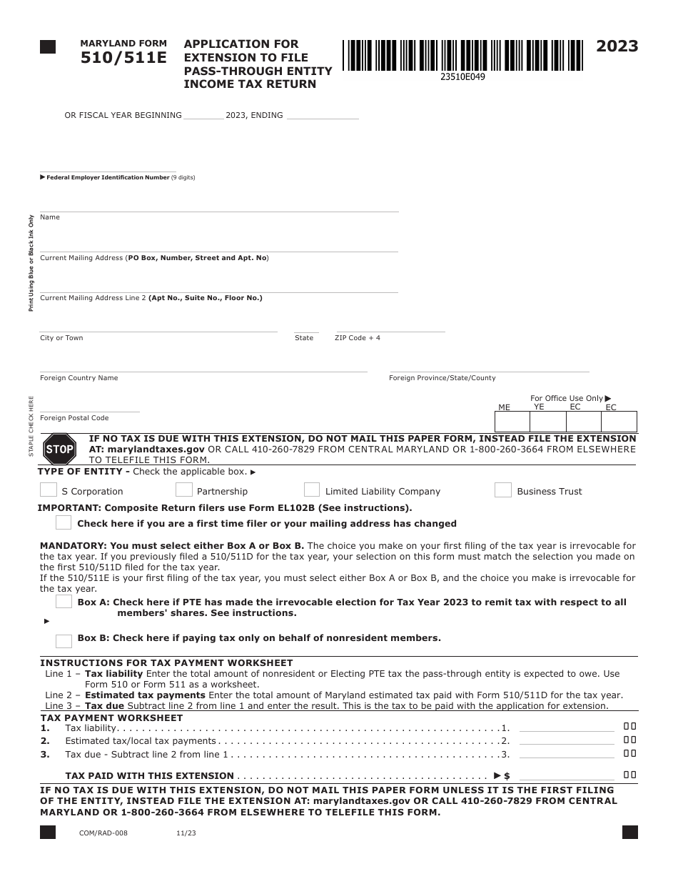 Maryland Form 510 / 511E (COM / RAD-008) Application for Extension to File Pass-Through Entity Income Tax Return - Maryland, Page 1