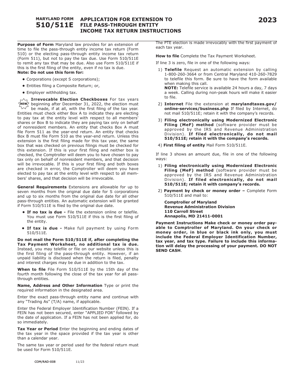 Maryland Form 510 / 511E (COM / RAD-008) Application for Extension to File Pass-Through Entity Income Tax Return - Maryland, Page 2