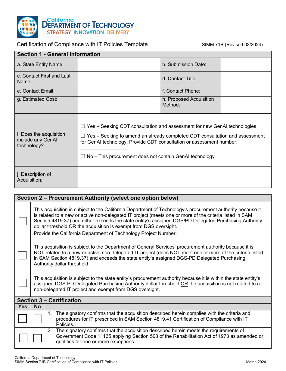 Form SIMM71B Certification of Compliance With It Policies Template - California, Page 1