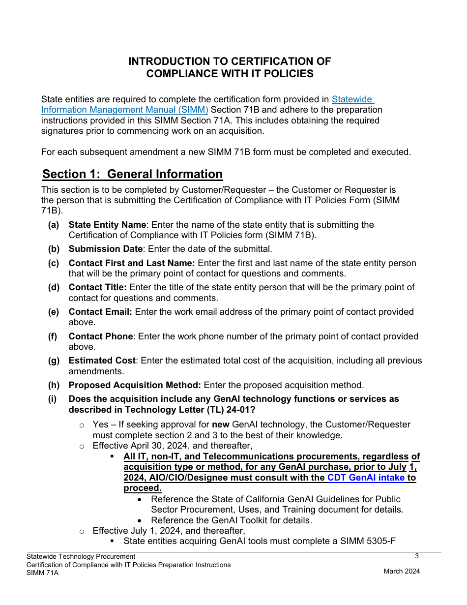 Instructions for Form SIMM71B Certification of Compliance With It Policies Template - California, Page 3