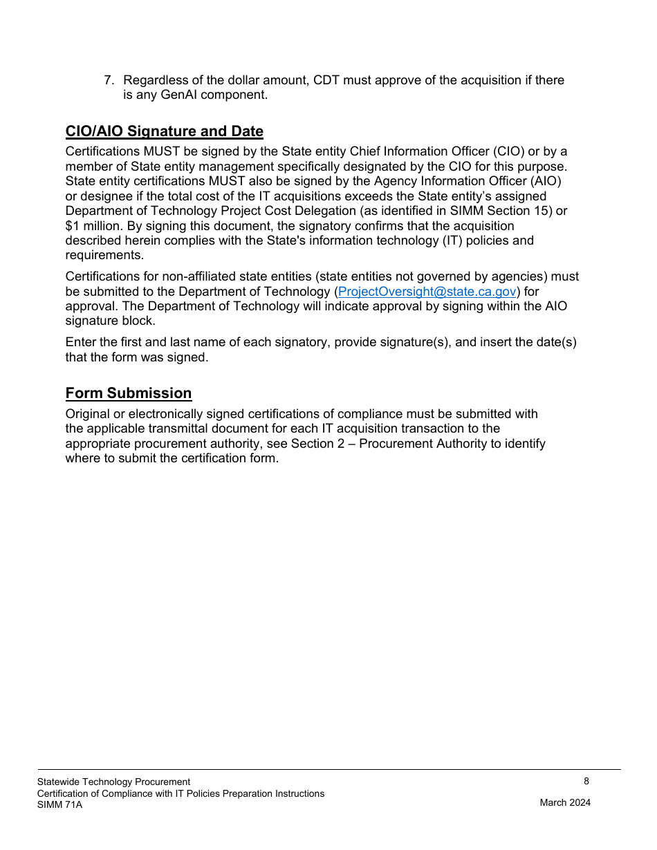 Instructions for Form SIMM71B Certification of Compliance With It Policies Template - California, Page 8