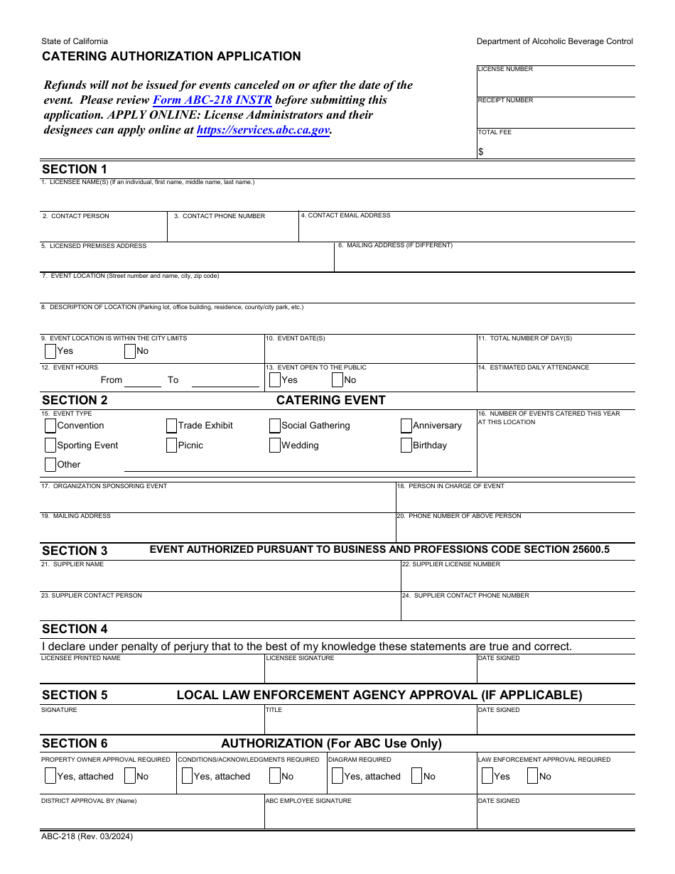 Form Abc 218 Download Fillable Pdf Or Fill Online Catering