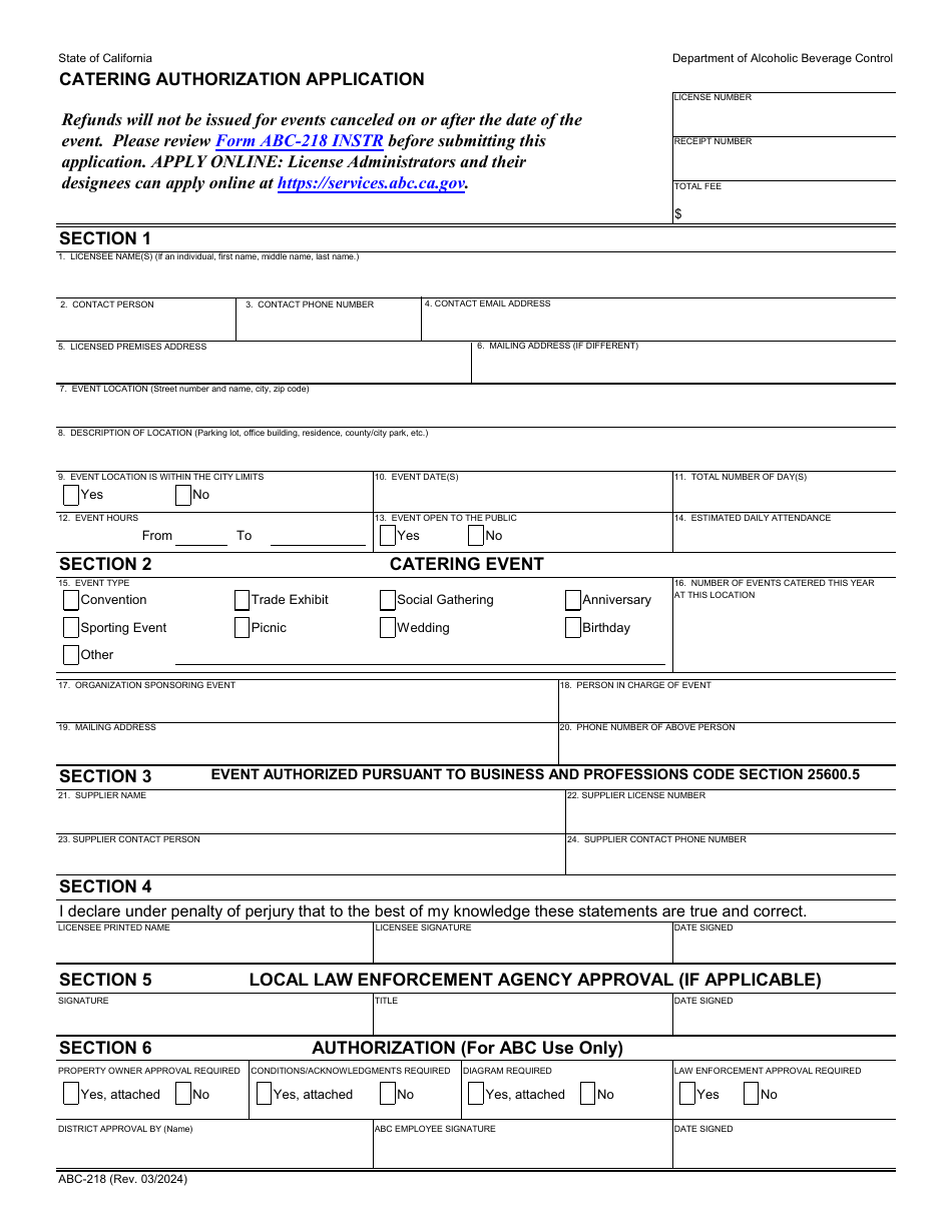 Form ABC-218 Catering Authorization Application - California, Page 1