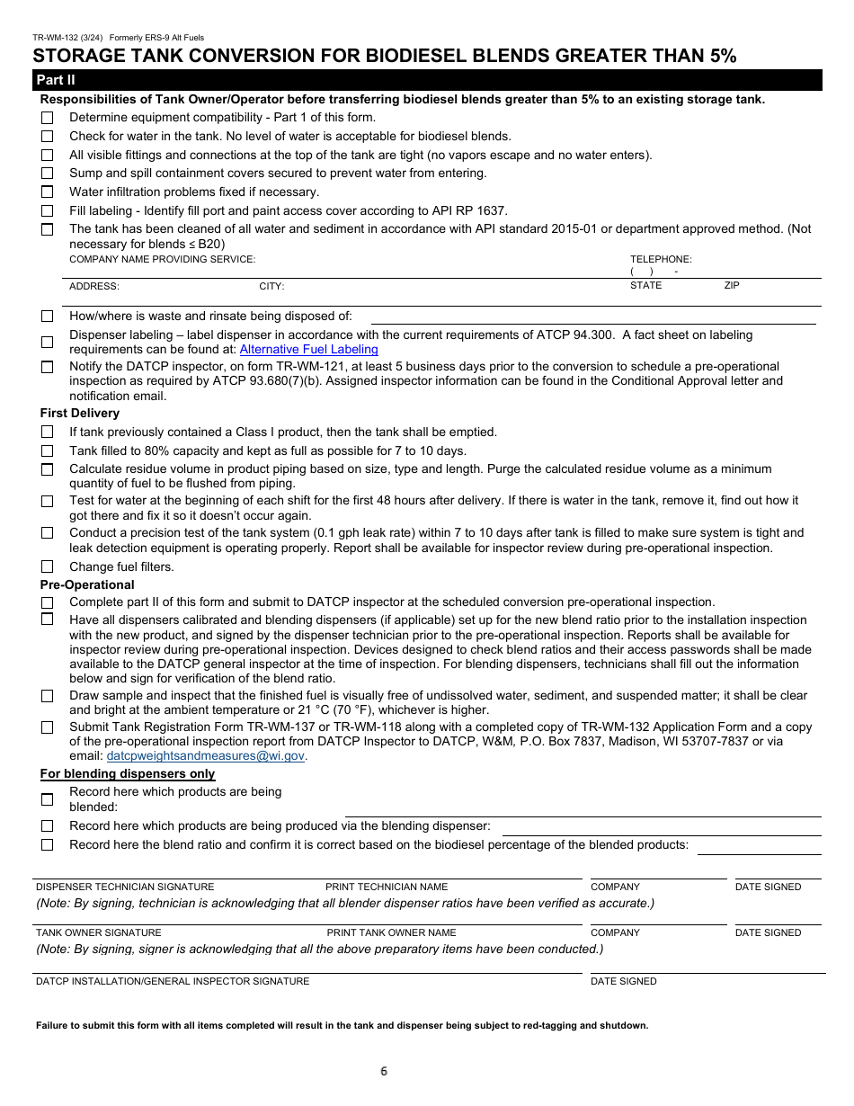 Form TR-WM-132 Alternative Fuel / E15 / Additive Storage Tank System and / or Dispenser Installation / Conversion Application - Wisconsin, Page 6
