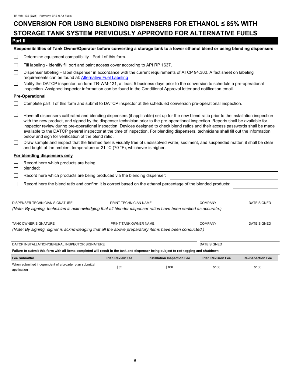 Form TR-WM-132 Alternative Fuel / E15 / Additive Storage Tank System and / or Dispenser Installation / Conversion Application - Wisconsin, Page 9