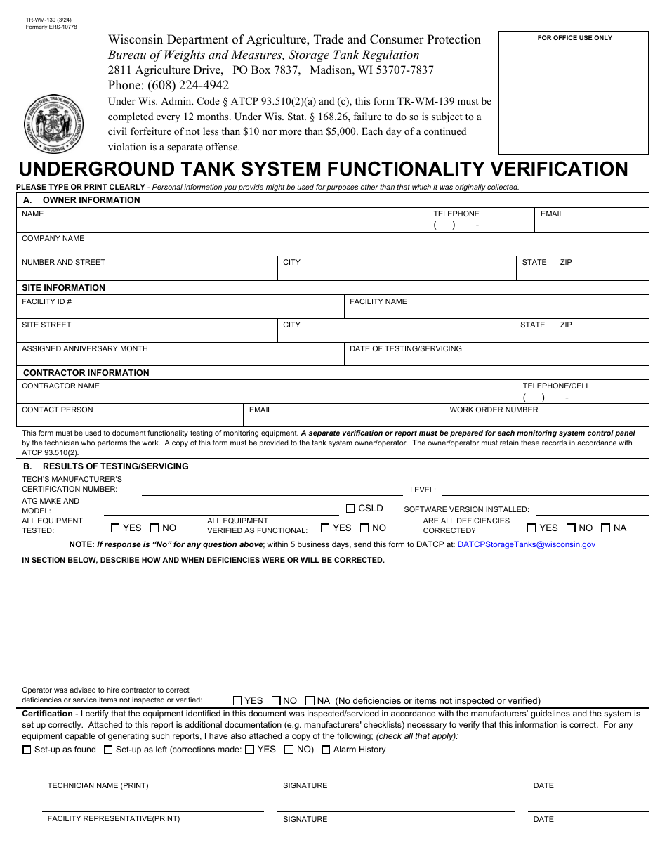 Form TR-WM-139 Underground Tank System Functionality Verification - Wisconsin, Page 1