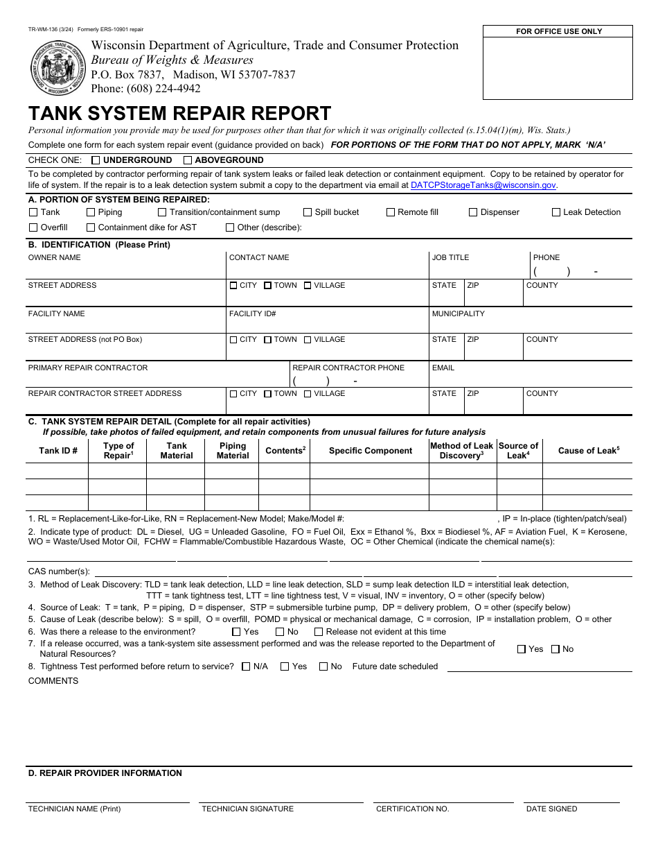 Form TR-WM-136 Tank System Repair Report - Wisconsin, Page 1