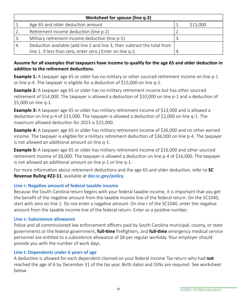 Download Instructions for Form SC1040 Individual Income Tax Return PDF ...