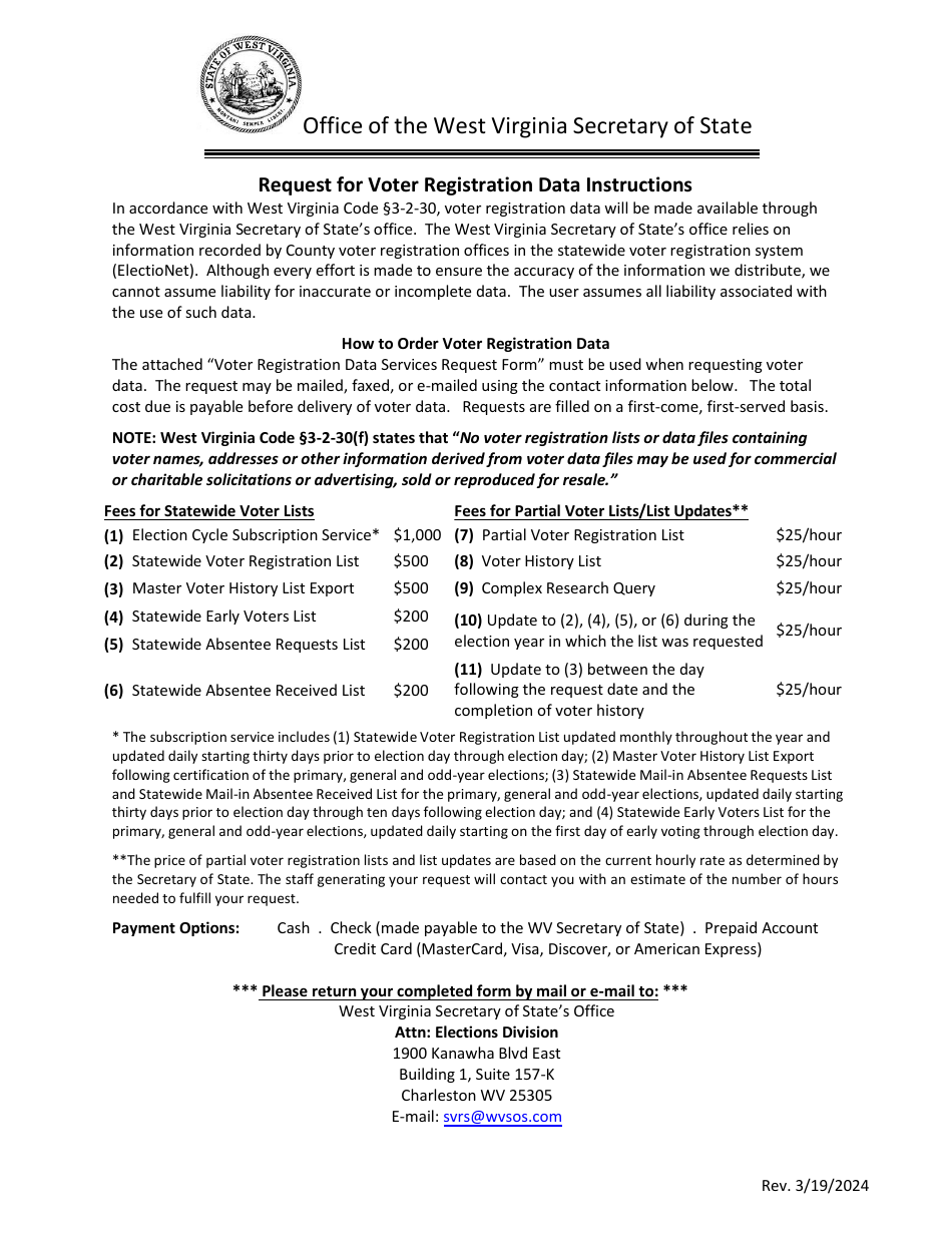 Request for Voter Registration Data Services - West Virginia, Page 1