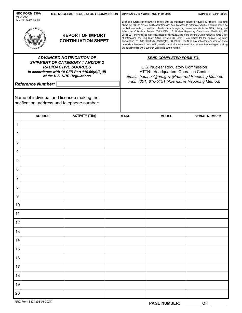 NRC Form 830A Report of Import Continuation Sheet, Page 1