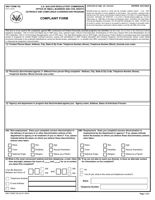 NRC Form 782 Complaint Form