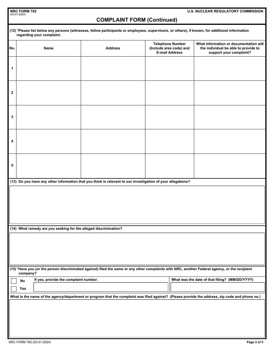 NRC Form 782 Complaint Form, Page 3