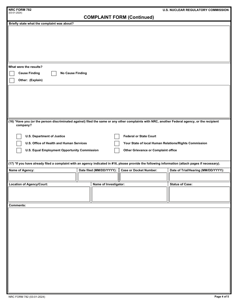 NRC Form 782 Complaint Form, Page 4
