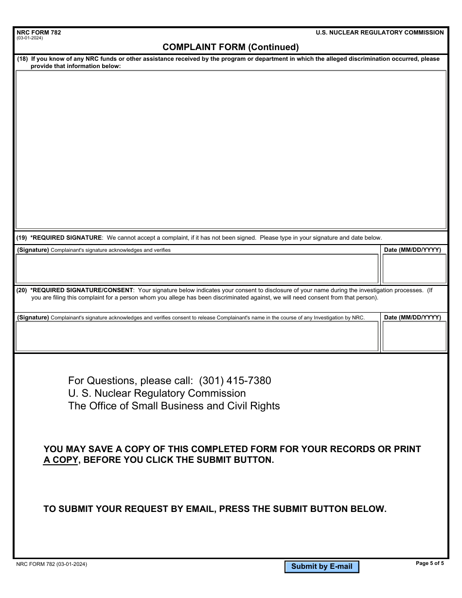 NRC Form 782 Complaint Form, Page 5