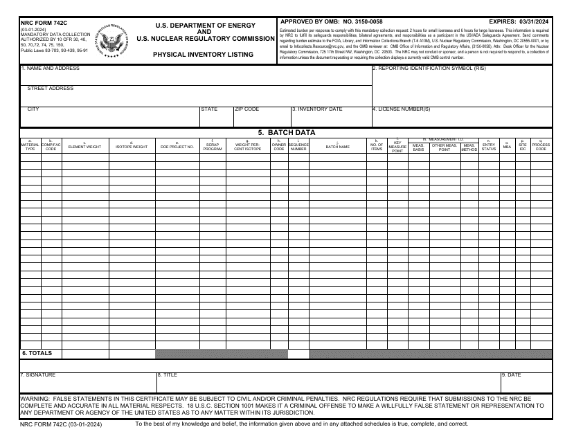 NRC Form 742C Physical Inventory Listing