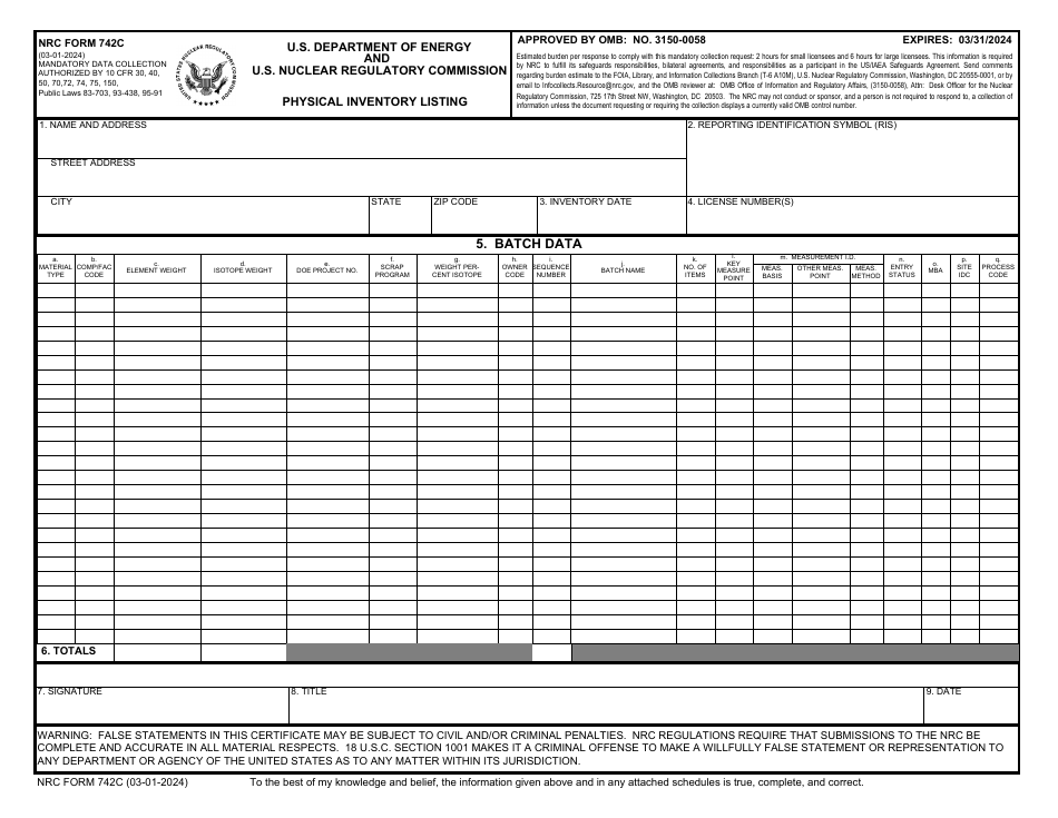 NRC Form 742C Physical Inventory Listing, Page 1