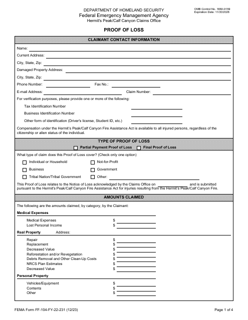 FEMA Form FF-104-FY-22-231  Printable Pdf
