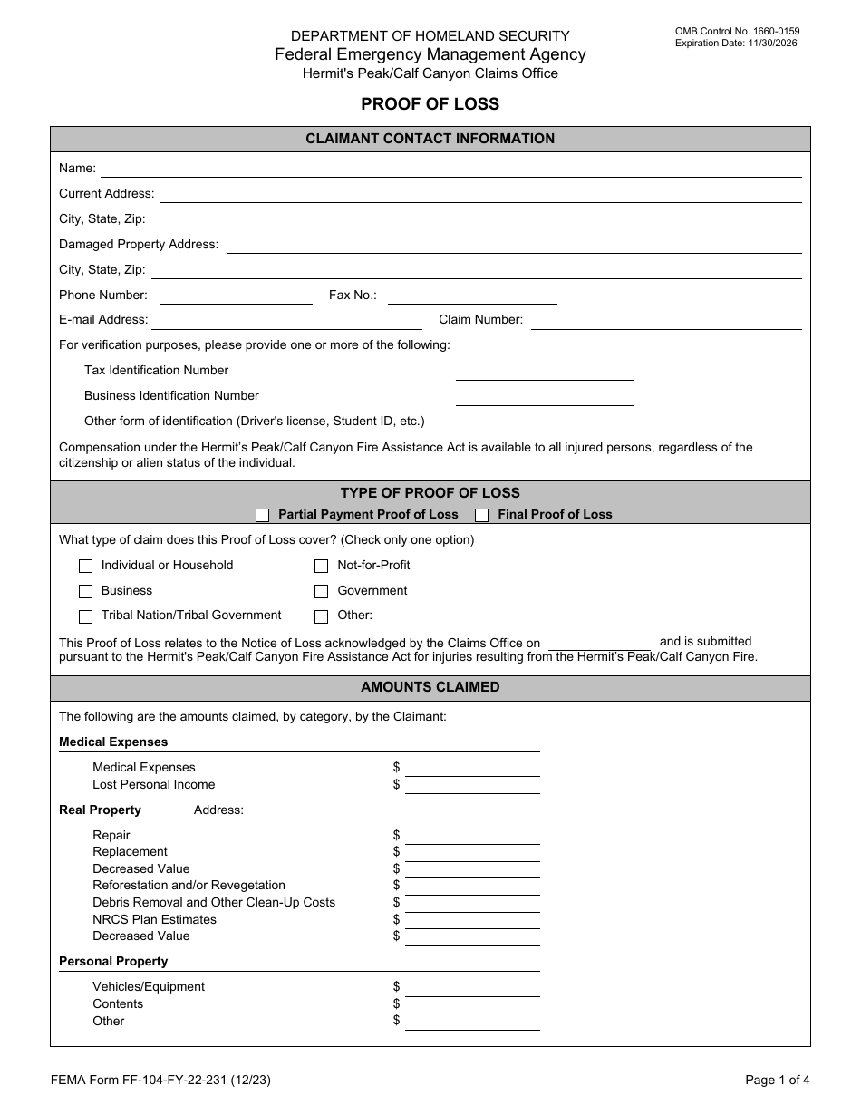 FEMA Form FF-104-FY-22-231 Proof of Loss, Page 1