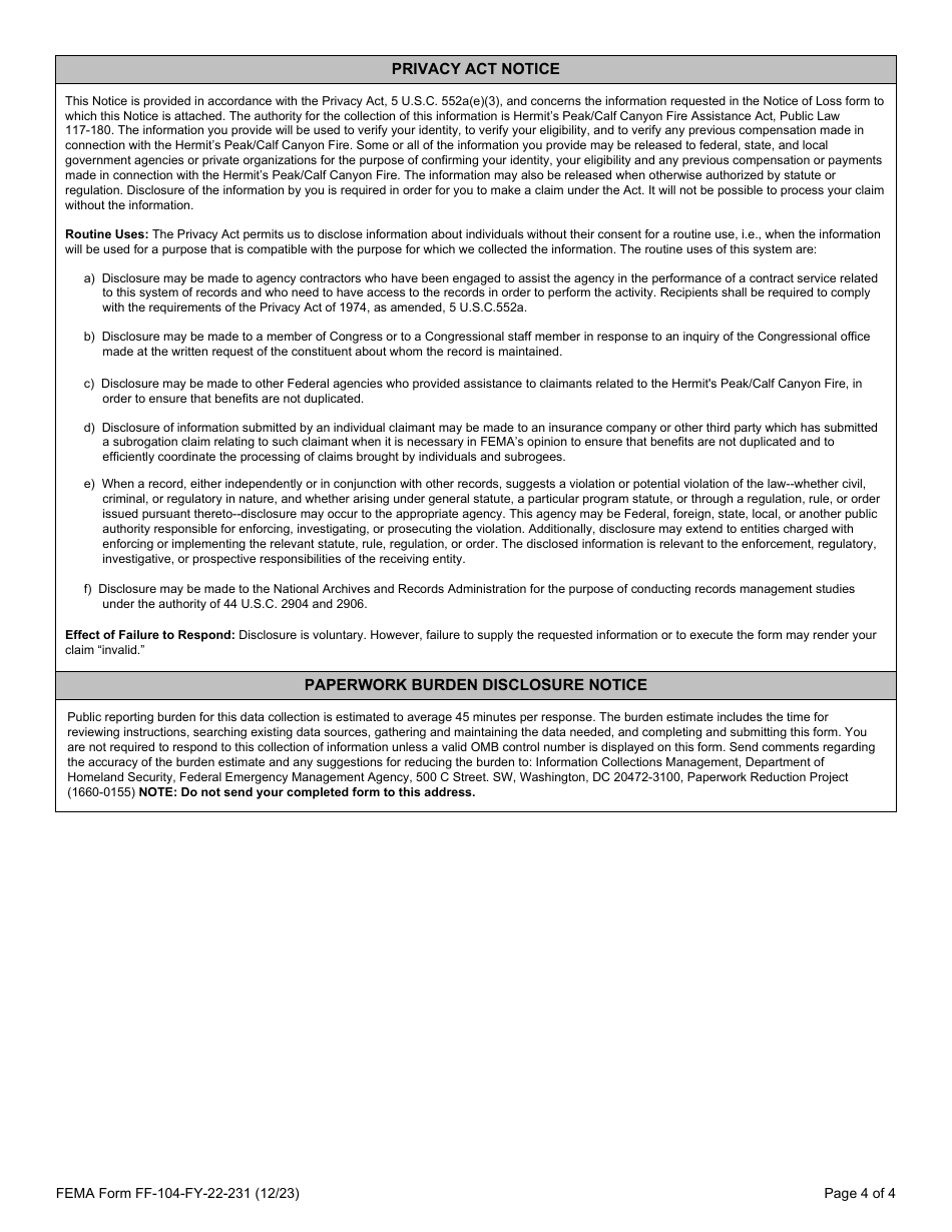 FEMA Form FF-104-FY-22-231 - Fill Out, Sign Online and Download ...