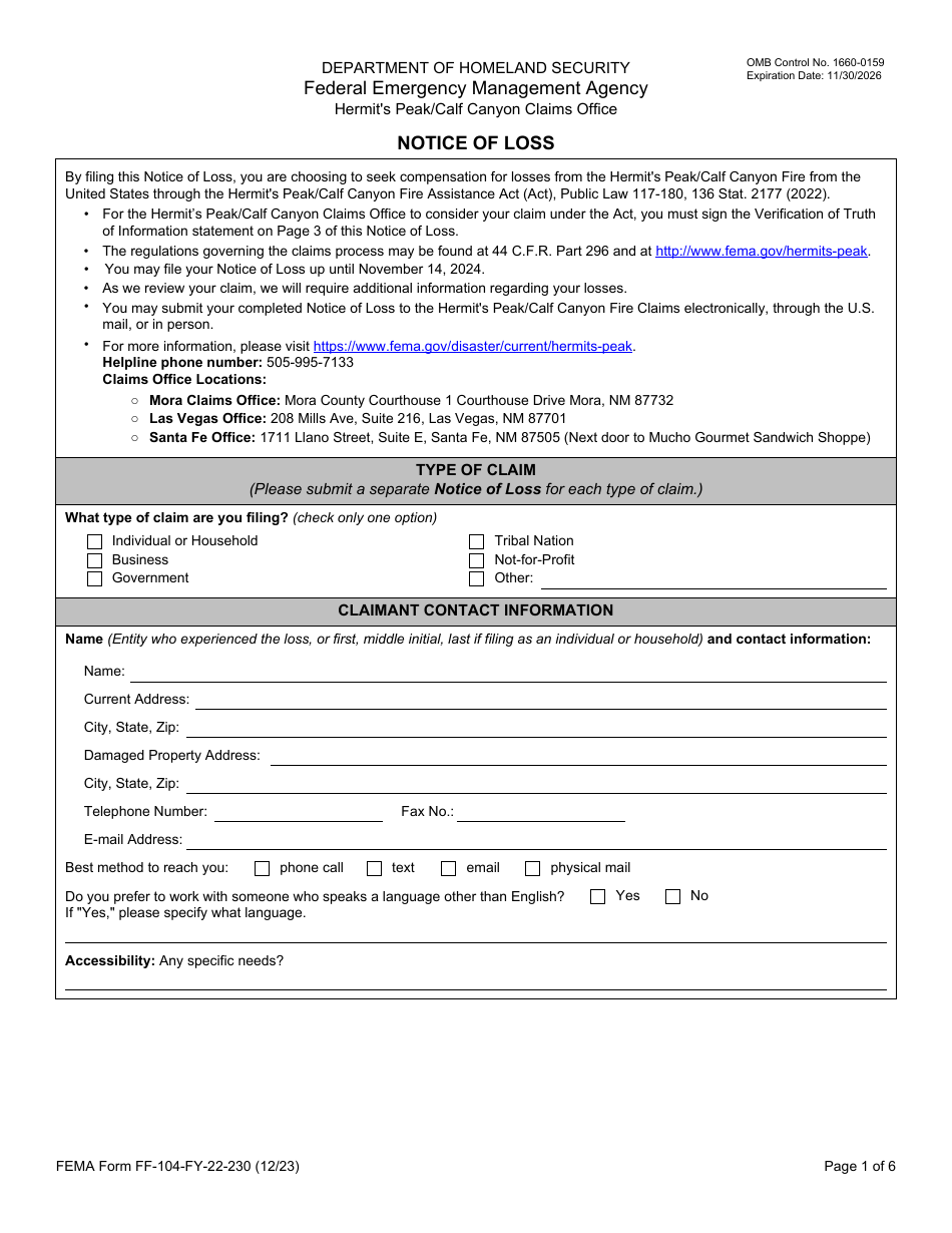 FEMA Form FF-104-FY-22-230 Notice of Loss, Page 1